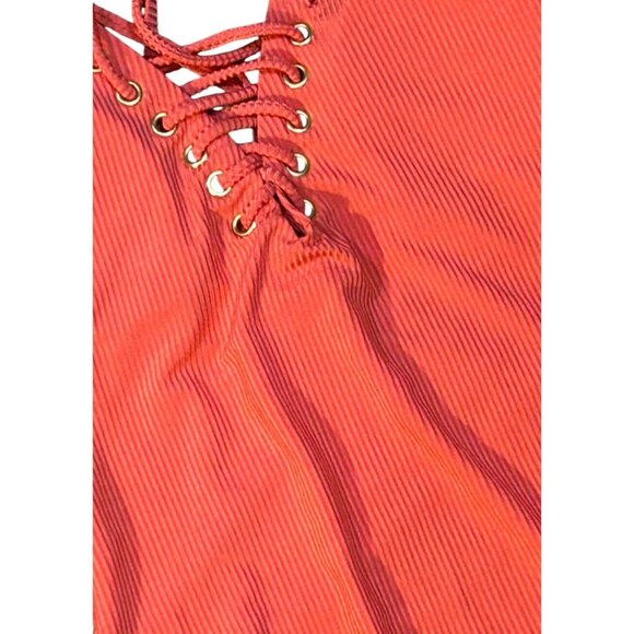 Hula Honey Shimmer Rib Lace-up One-Piece Swimsuit in Vintage Red NWT Medium - Picture 5 of 8